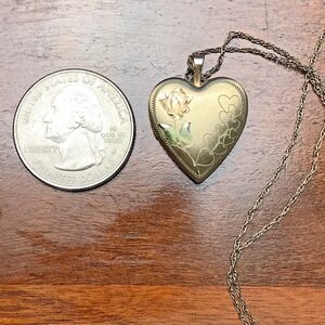Vintage 14K Gold Filled Heart Locket Necklace Etched Rose Floral 17" Rope Chain